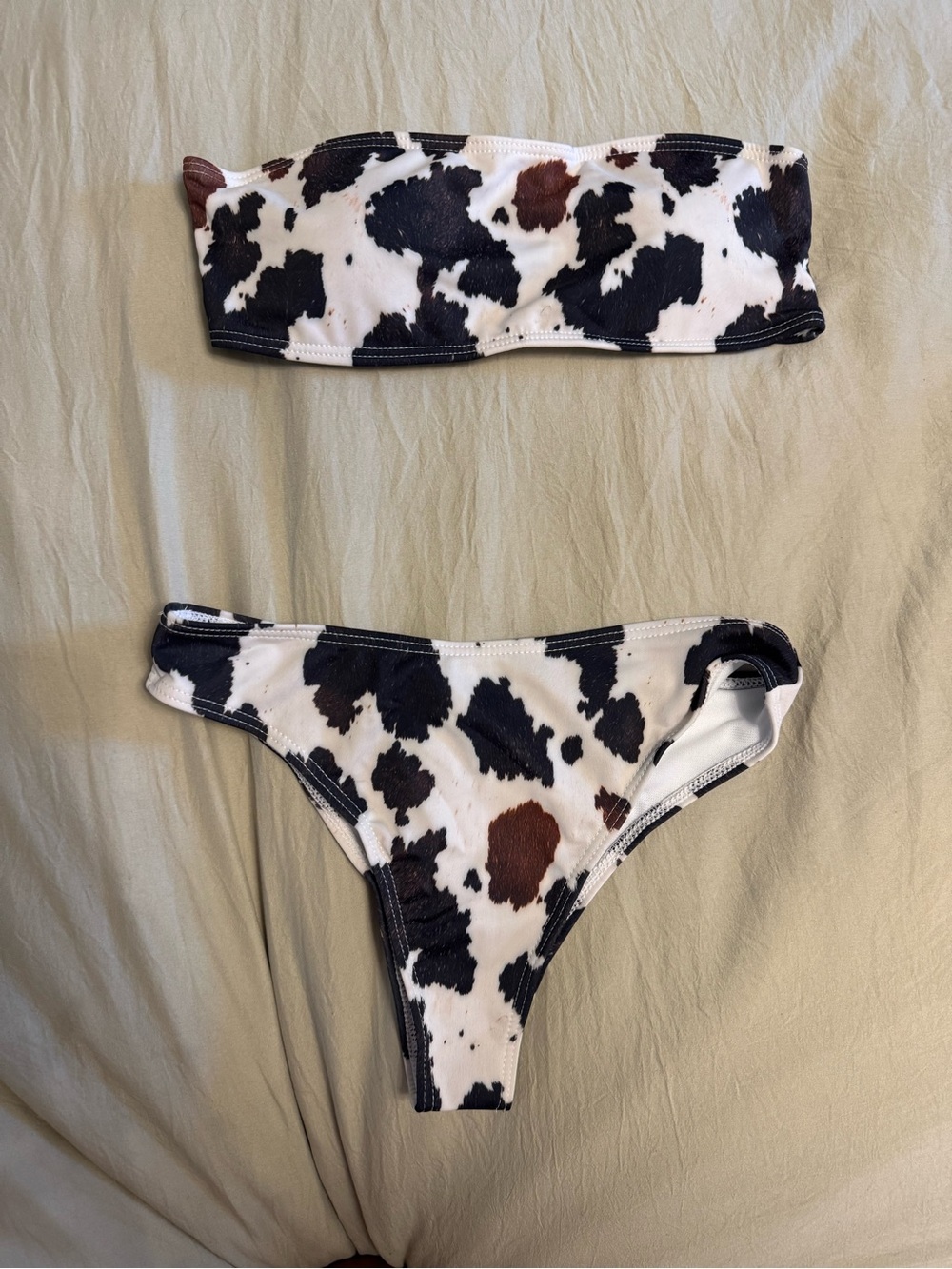 Cow Print Bandeau Bikini Set - Black, White & Brown